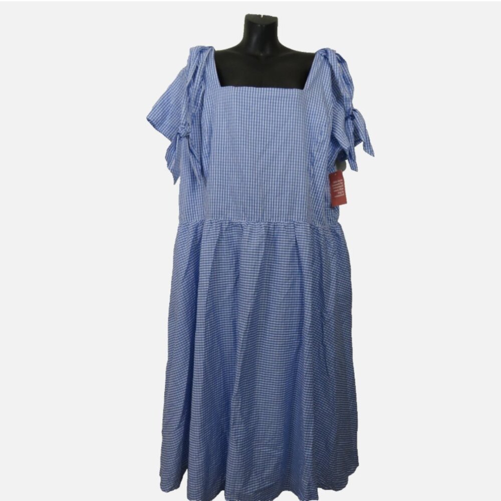 Ivy City Co size 3X Plaid Midi Dress Square Neck Plaid Gingham Blue NEW